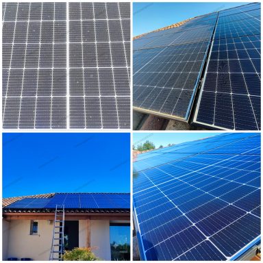 Nettoyage panneaux photovoltaïques Panneaux solaires installés sur un toit, avec un ciel bleu en arrière-plan.