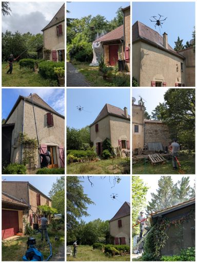 Démoussage toiture avec différentes tuiles Des différentes vues d'une maison entourée d'arbres, des personnes utilisent un drone.