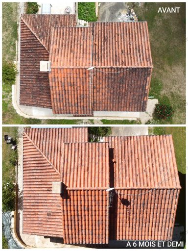 Traitement à 6 mois Vue aérienne de deux toits en tuiles, l'un rénové et l'autre ancien.