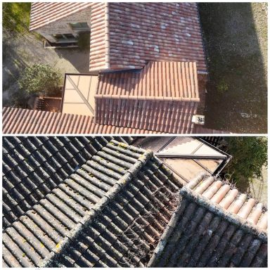 A 6 mois du traitement et veranda nettoyée Vue aérienne de toits en tuiles, présentant différentes textures et orientations.